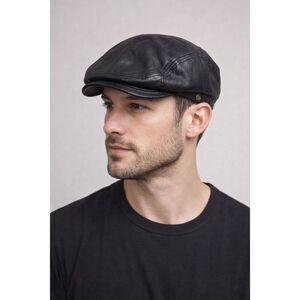 Black Genuine Leather Newsboy Cap Adjustable Cabbie Gatsby Hat